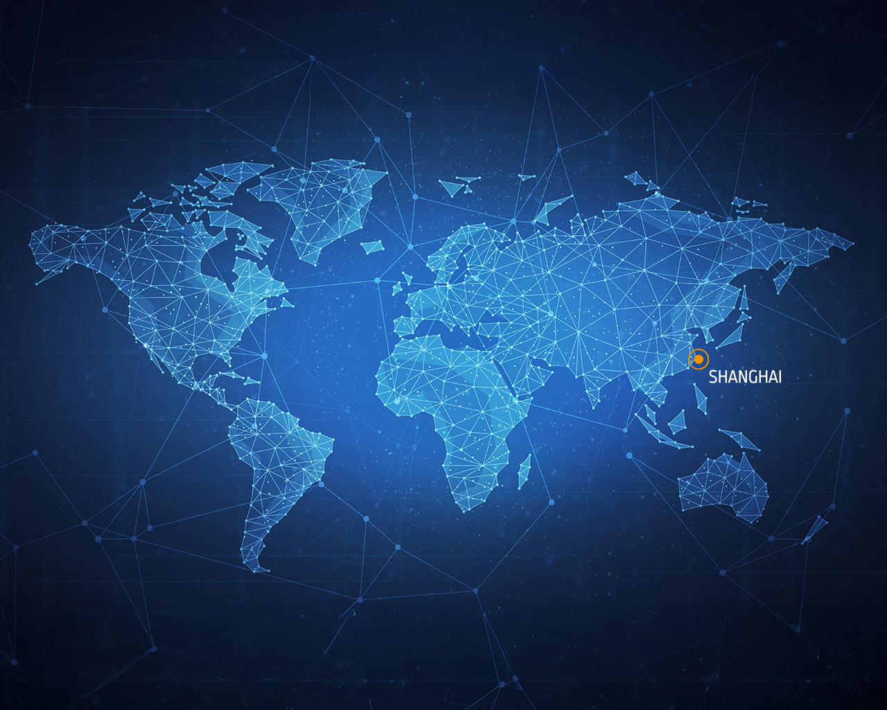 World map with a network of blue lines and dots. Shanghai is highlighted in orange.