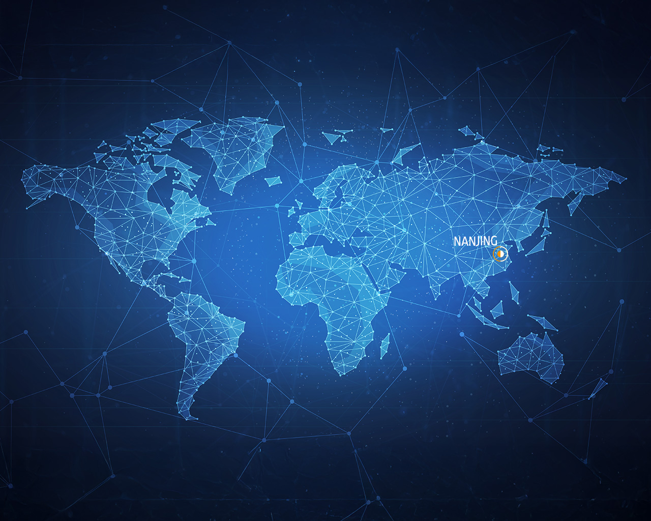 World map with a network of blue lines and dots. Nanjing is highlighted in orange.