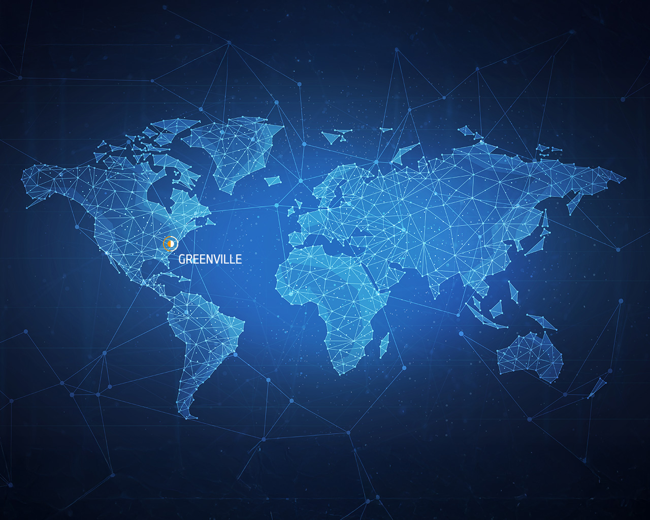 World map with a network of blue lines and dots. Greenville is highlighted in orange-white.