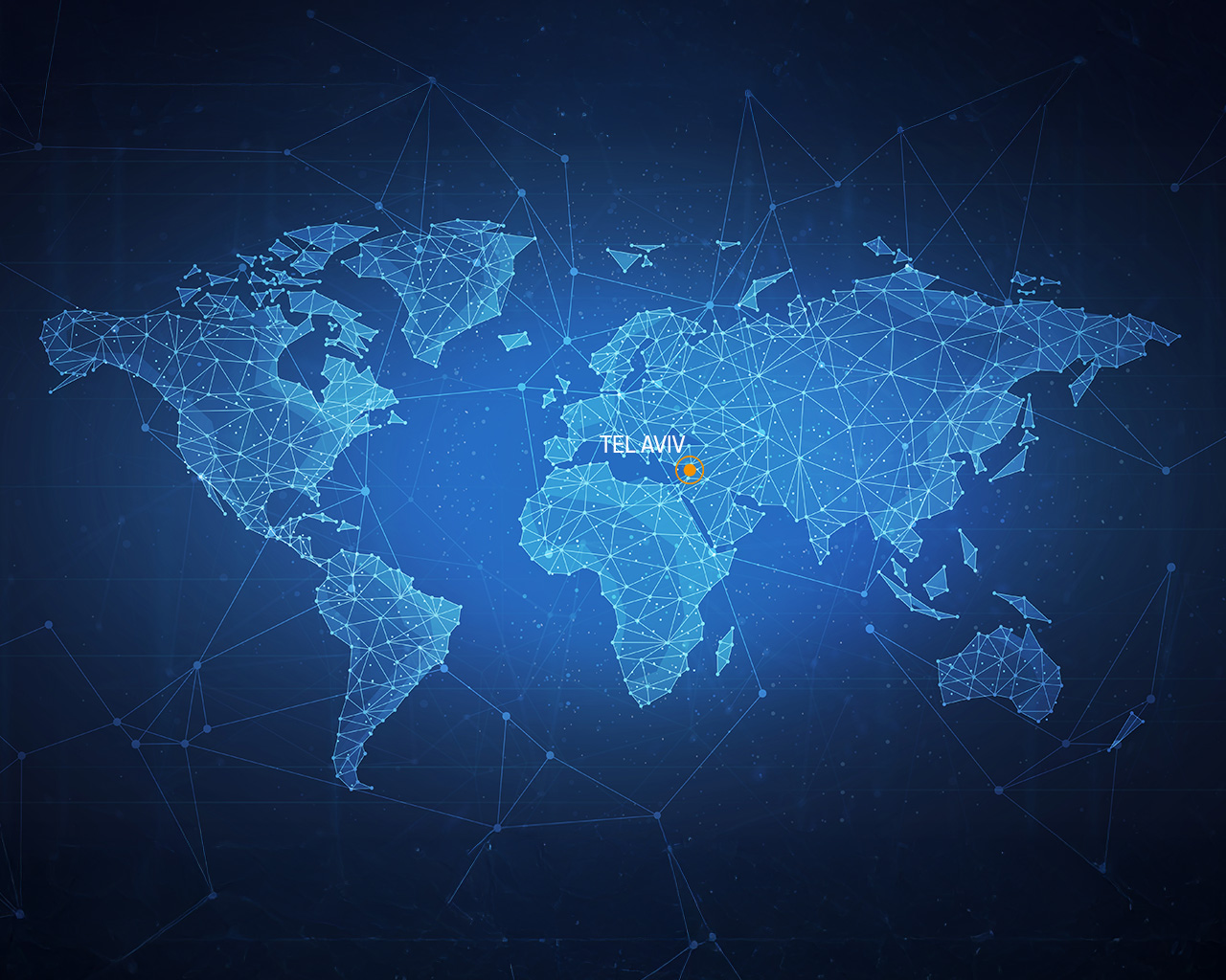 World map with a network of blue lines and dots. Tel Aviv is highlighted in orange.