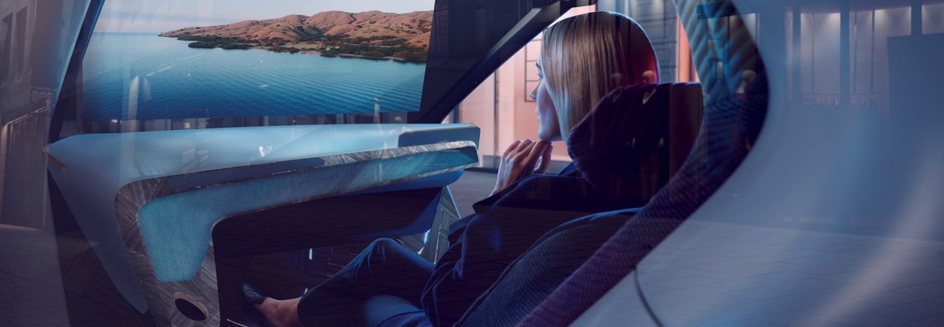 Person seated in a futuristic vehicle interior with panoramic view of a water landscape, no visible control elements.