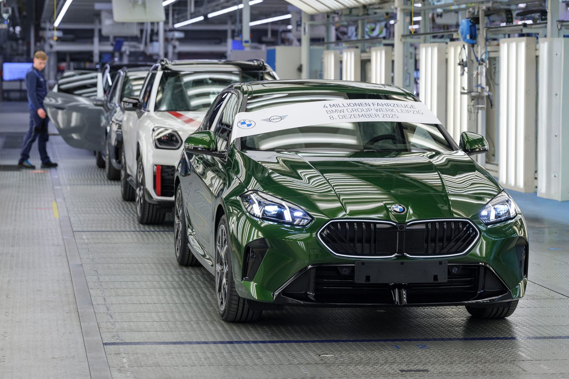 Four-millionth vehicle rolls off the production line at BMW Group Plant Leipzig on the 8th of  December 2025: a BMW 1 Series in Anglesey Green.