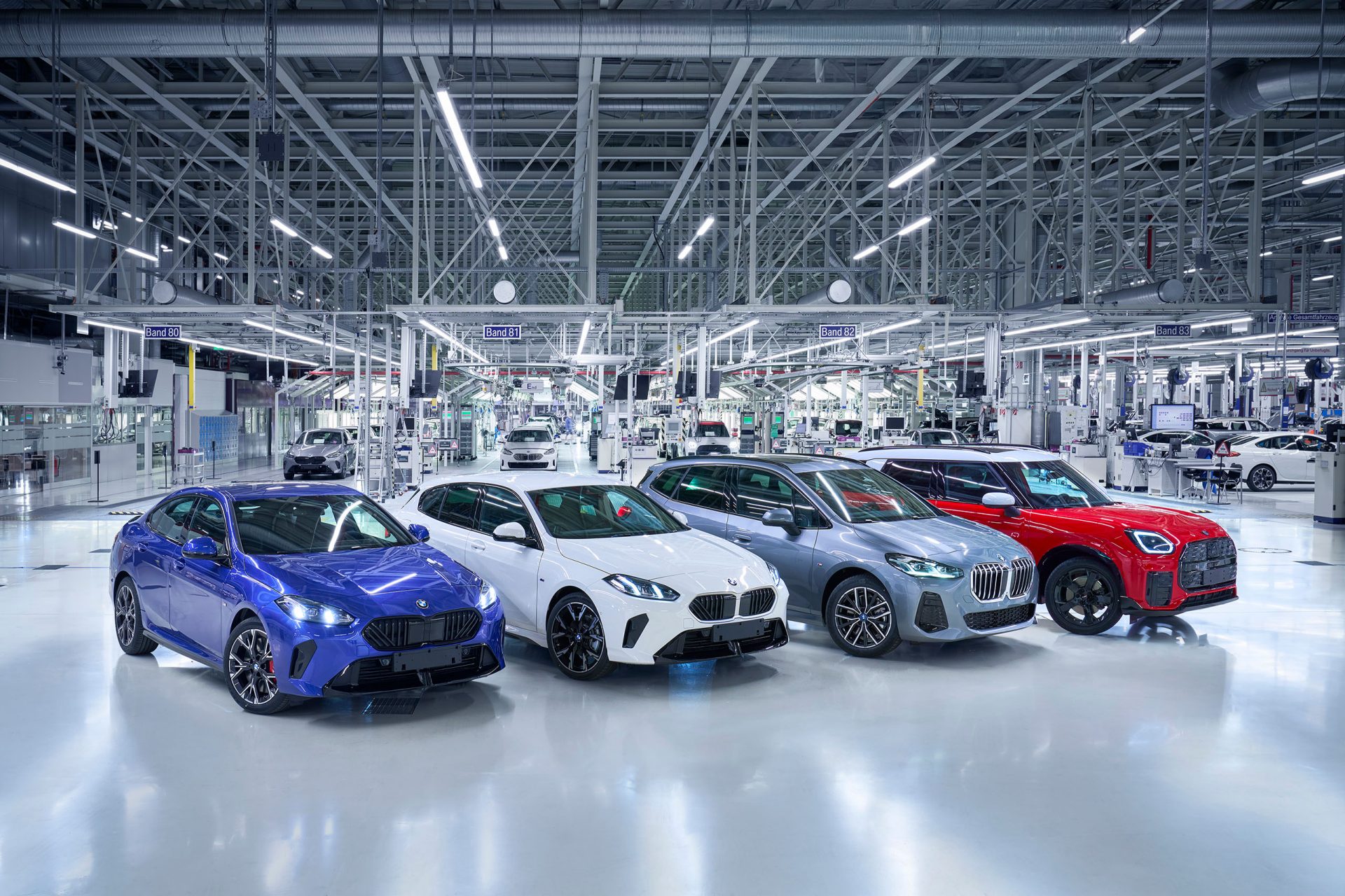 All four vehicle models produced at BMW Group Plant Leipzig (from left): BMW 2 Series Gran Coupé, BMW 1 Series, BMW 2 Series Active Tourer, MINI Countryman.