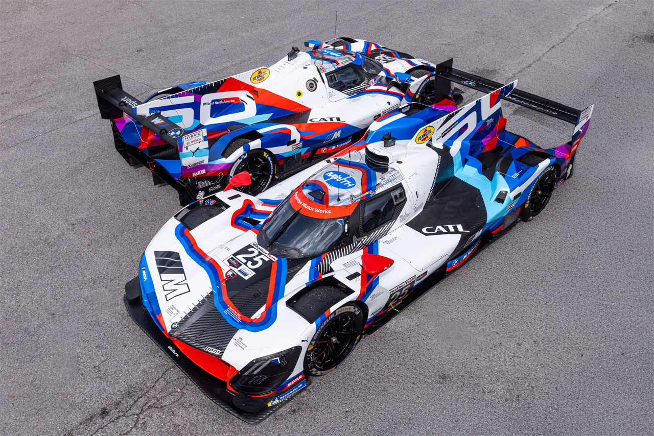 Future and legend side by side: A state-of-the-art BMW M Hybrid V8 race car in anniversary livery stands beside the classic BMW 3.0 CSL.