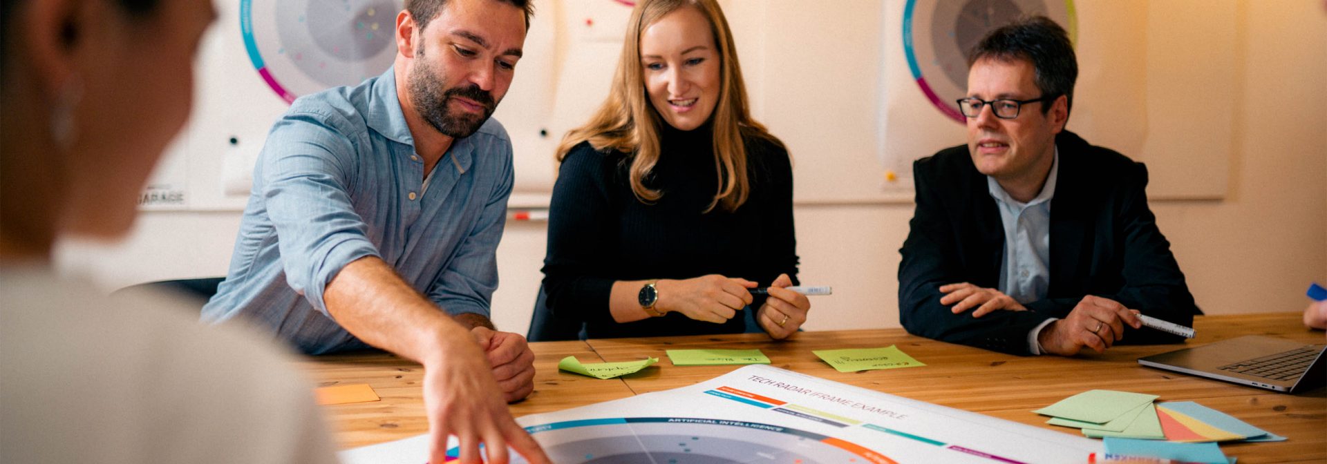 A group of people are sitting around a table with a BMW Trend Radar chart in the centre, which they are looking at together.