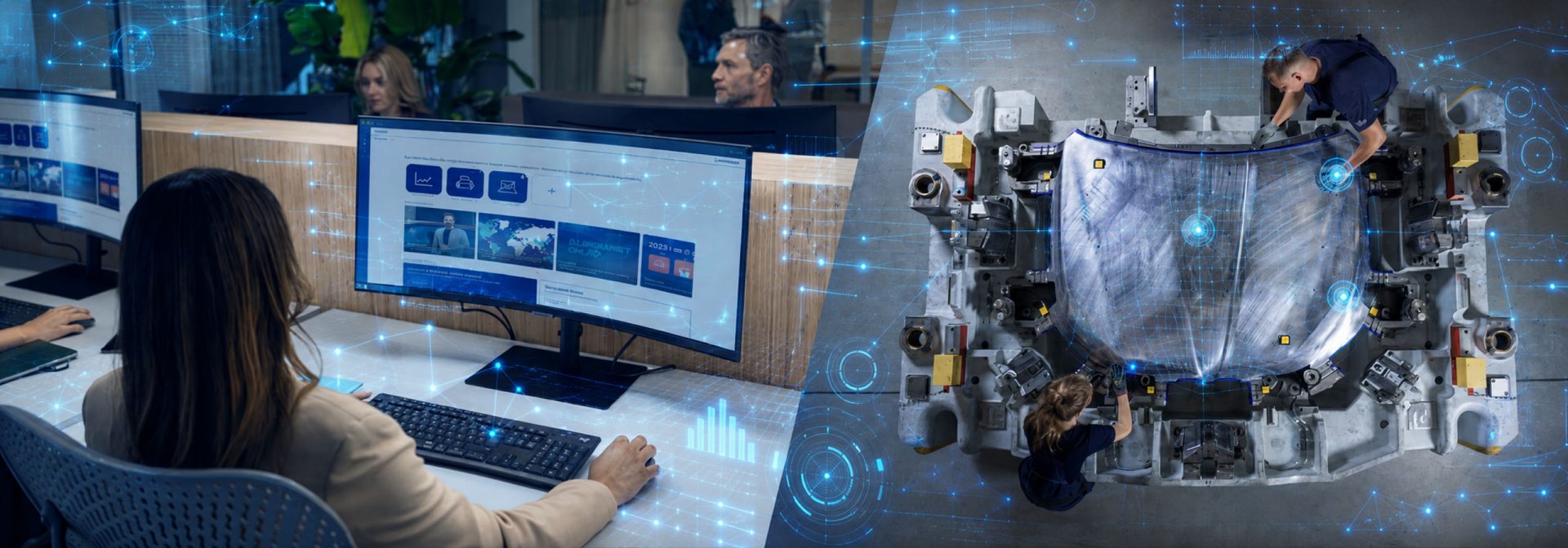 Split image: Left – An Alphabet employee at her desk looks at a screen displaying digital processes and data. Right – Two BMW Group experts use specialised tools on a large metal component  in a workshop, viewed from above.