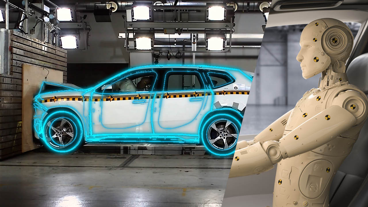 Two-part video of a crash test conducted by the BMW Group: above, a real BMW SUV undergoing a physical collision; below, the corresponding virtual crash simulation with an identical sequence as an example of hybrid homologation.