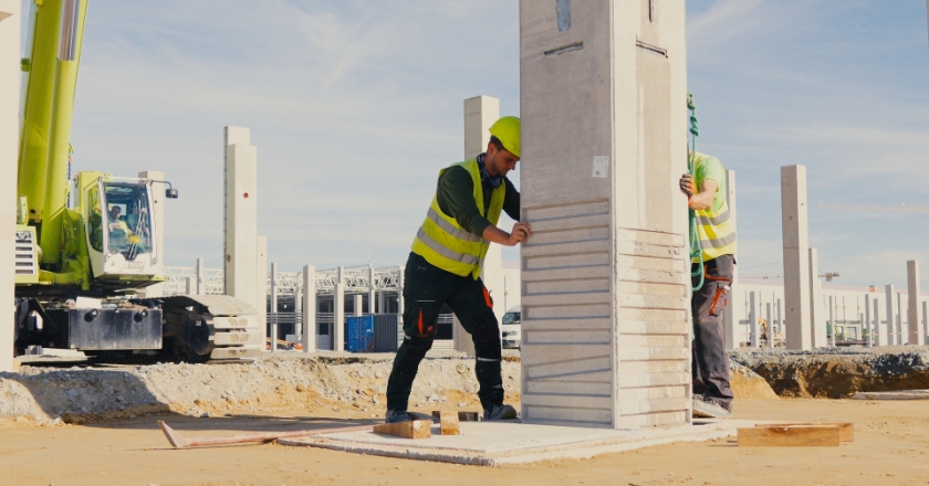 Two people in protective vests and helmets stand on a construction site and work on a concrete column.