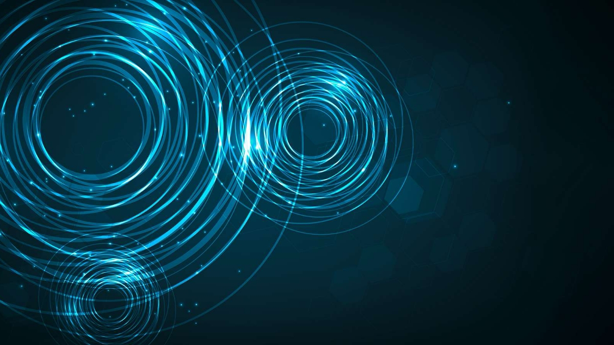 Abstrakte blaue Kreise sammeln sich an drei Stellen, erg&auml;nzt durch Wabenmuster und kleine Punkte.