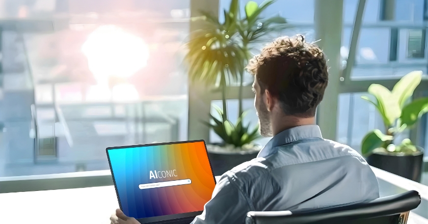 Workspace in a bright office with an open laptop displaying the AIconic interface for text input.