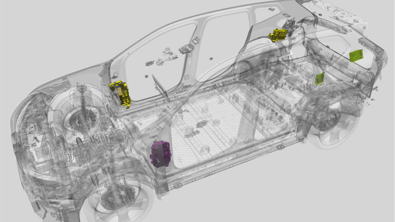  A 3D image of a car shown from different angles.