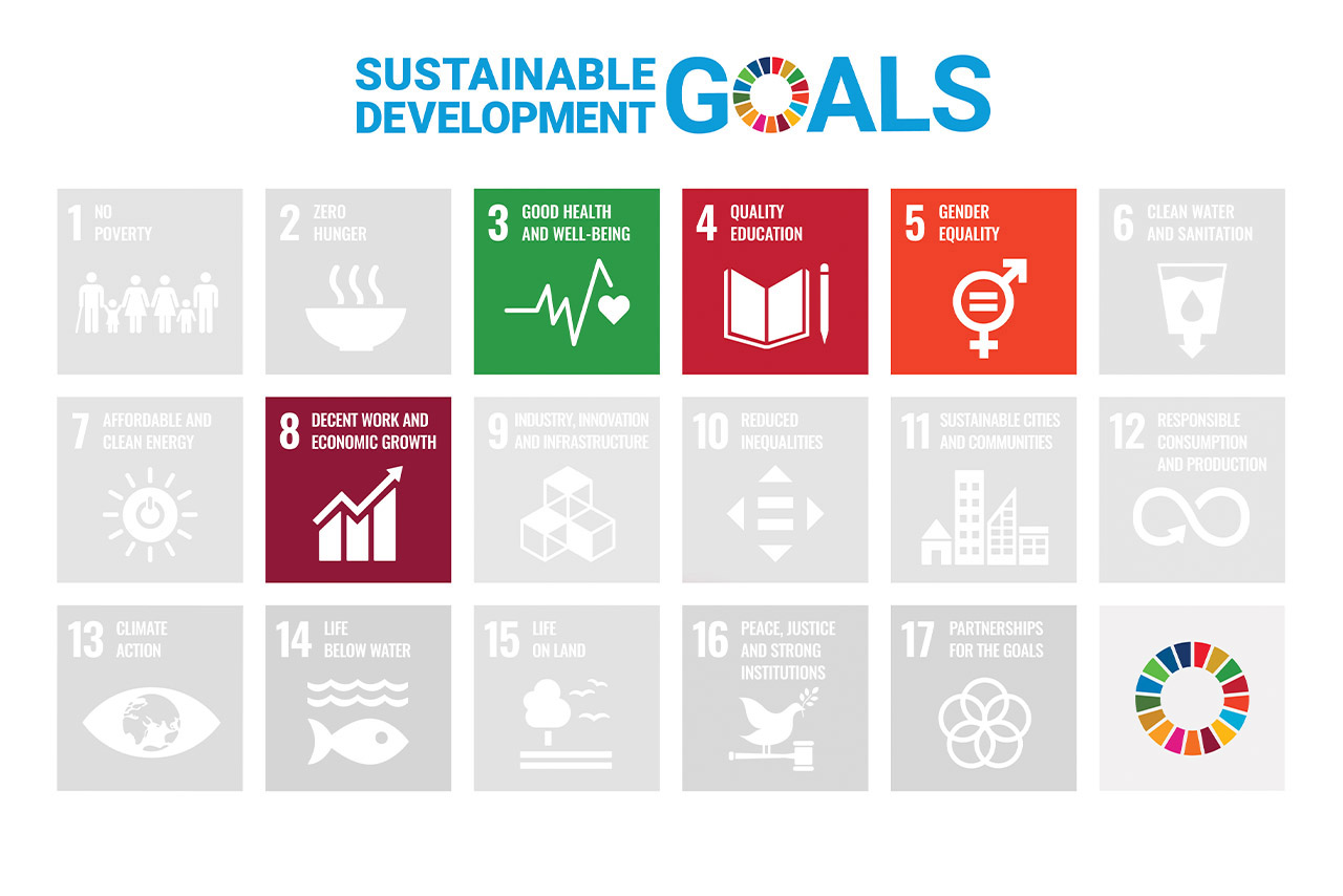 Poster displays 17 colored squares with icons and text representing Sustainable Development Goals including poverty, hunger, health, education, equality, water, energy, work, infrastructure, inequalities, cities, consumption, climate action, aquatic life, terrestrial life, peace, and partnerships.