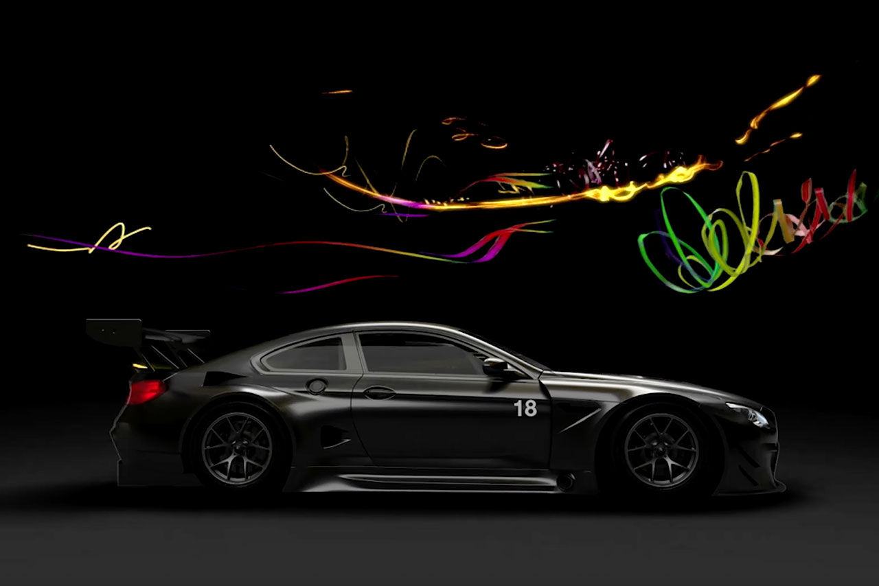 Side view of a sleek black M6 GT3 with number 18 against a dark background.