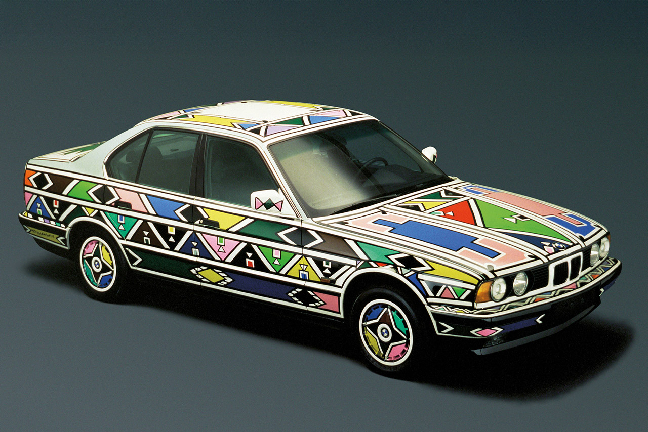BMW 525i art car featuring vibrant geometric patterns
